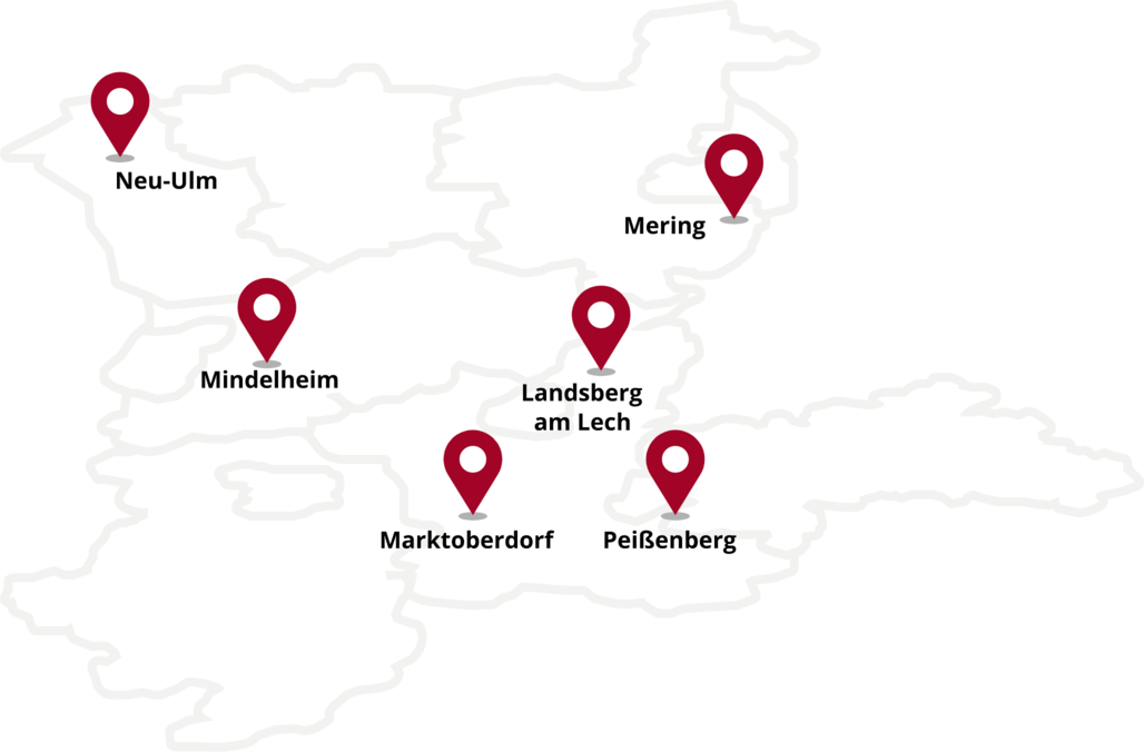 Karte der Standorte der CAS in Neu-Ulm, Mering, Mindelheim, Landsberg am Lech, Marktoberdorf und Peißenberg